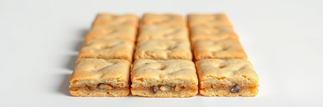 Deliciously baked rectangular cookies lined up on a white surface ready for enjoyment photo