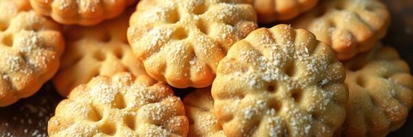 recién horneado galletas con un delicado azúcar limpiar el polvo arreglado en un plato foto