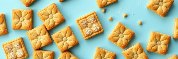 Delicious homemade cookies arranged on a blue backdrop with a light sprinkle of sugar on top photo