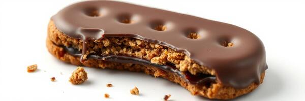 Delicious chocolate-covered cookie with a bite taken out, showcasing its creamy filling photo