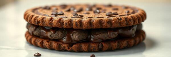 Delicious chocolate dessert with layered cookies and creamy filling displayed on a white surface photo