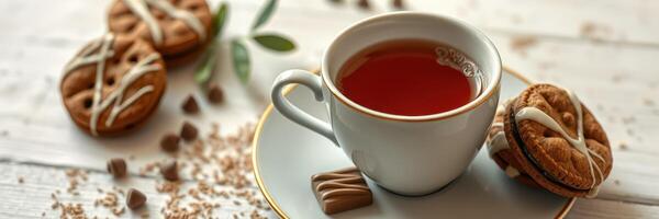 Enjoying a warm cup of tea accompanied by cookies on a rustic wooden table in a cozy afternoon setting photo