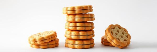 Delicious stacked cream-filled cookies arranged elegantly on a clean surface photo