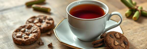 Warm cup of tea paired with freshly baked chocolate chip cookies on a wooden table photo
