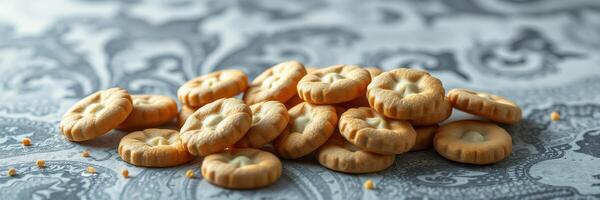 Cookies arranged on decorative surface showcasing texture and detail during a casual gathering photo