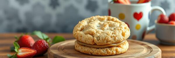 Delicious homemade cookies with caramel filling and fresh strawberries on a wooden board photo