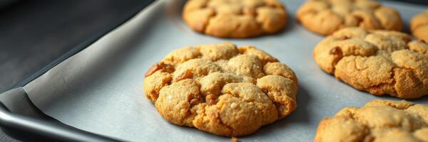 Freshly baked cookies cooling on a tray in a cozy kitchen setting during the afternoon photo