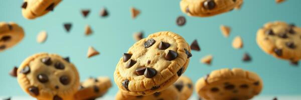 Floating chocolate chip cookies create a whimsical culinary atmosphere in a bright setting photo