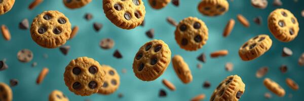 Floating chocolate chip cookies against a vibrant turquoise background create a whimsical visual delight photo
