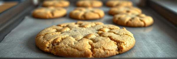 Delicious freshly baked cookies cooling on a baking tray in a cozy kitchen setting photo