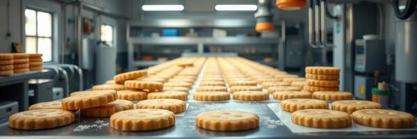 Cookies are being prepared on a conveyor belt in a modern baking facility during daytime hours photo