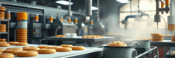 Cookies being baked in a commercial kitchen with steam rising from fresh pastries on production trays photo