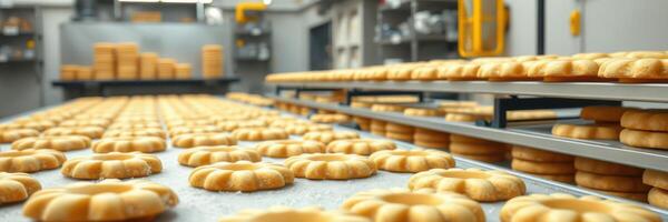 Freshly baked cookies cooling on racks in a commercial bakery during a busy workday photo