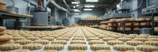 Cookies are lined up perfectly for cooling in a busy industrial bakery facility photo