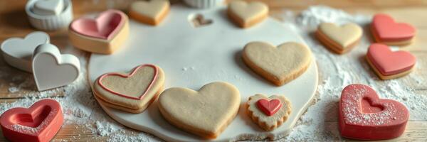 Handmade heart-shaped cookies decorated with colorful icing on a wooden countertop during a baking session photo