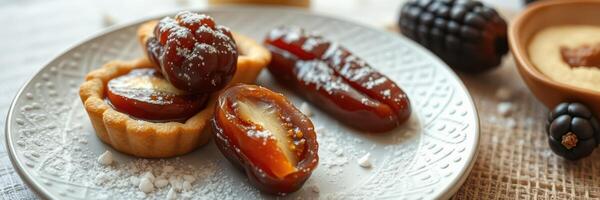 Delicious dessert platter featuring dates and tartlets served on a decorative plate with powdered sugar on top photo