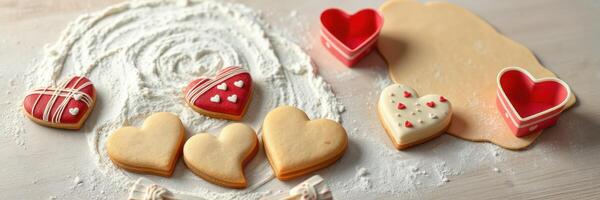 Delicious heart-shaped cookies being decorated on a wooden surface with flour and tools in a cozy kitchen photo