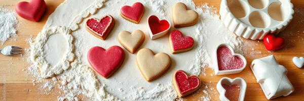 Heart-shaped cookies being decorated on a wooden surface with flour and baking tools in a cozy kitchen setting photo