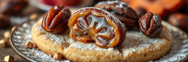 Sweet dessert featuring a cookie topped with powdered sugar and stuffed dates on a decorative plate photo