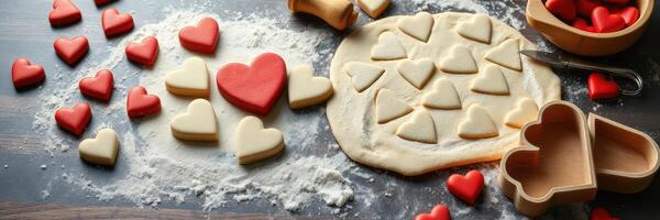 Heart-shaped cookies are being prepared on a wooden table with dough and decorative sprinkles photo