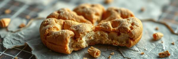 Homemade cookie is broken apart on a cooling rack with crumbs scattered photo