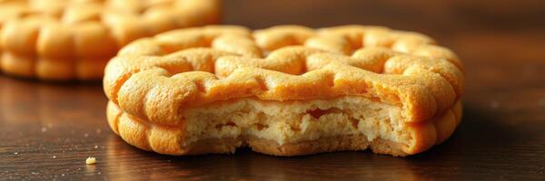 Deliciously baked waffle cookie with a bite taken out, resting on a wooden table photo