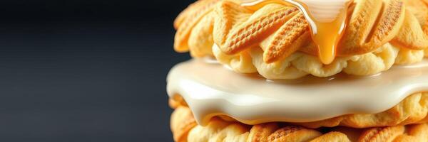 Delicious dessert stack featuring cookies, cream, and caramel drizzle in an appealing close-up photo