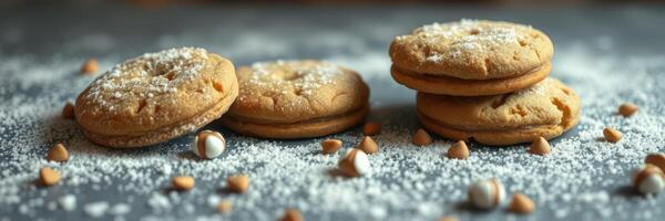 Cookies dusted with powdered sugar and surrounded by chocolate and caramel pieces on a wooden tabletop photo
