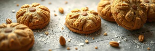 Freshly baked cookies arranged on a dark countertop with scattered nuts and sugar crystals photo