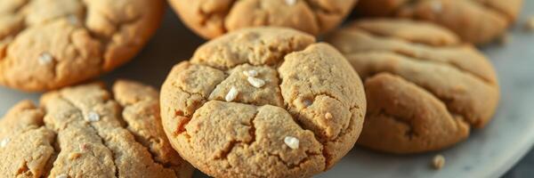 Freshly baked oatmeal cookies arranged on a plate with a warm and inviting appearance photo