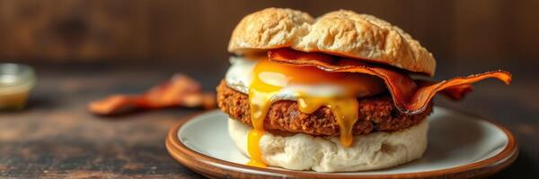 Delicious breakfast sandwich with egg, bacon, and crispy chicken served on a rustic wooden table photo