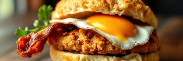 Delicious breakfast sandwich with crispy bacon and fried egg served on a flaky biscuit photo