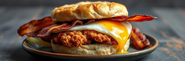 Breakfast sandwich with crispy chicken, bacon, and a runny egg served on a freshly baked biscuit photo