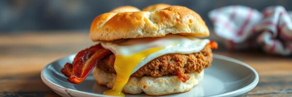 Delicious breakfast sandwich with crispy bacon, egg, and fried chicken on a soft biscuit served on a rustic wooden table photo