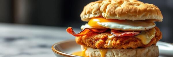 Delicious breakfast sandwich with crispy chicken, bacon, egg, and cheese on a warm biscuit served on a plate photo