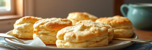 Freshly baked biscuits on a plate near a sunlit window in a cozy kitchen setting photo