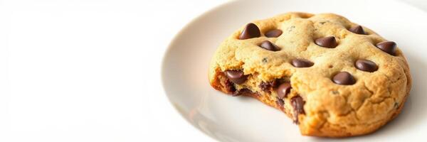Chocolate chip cookie on a plate with a bite taken out, ideal for dessert lovers and sweet treats photo