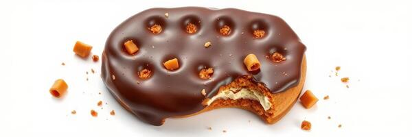 Delicious chocolate-covered cookie with caramel bits and a bite taken out, showcasing its creamy filling photo