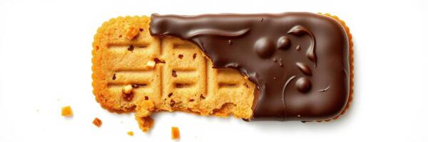 Delicious chocolate-covered biscuit with a bite taken out on white background photo