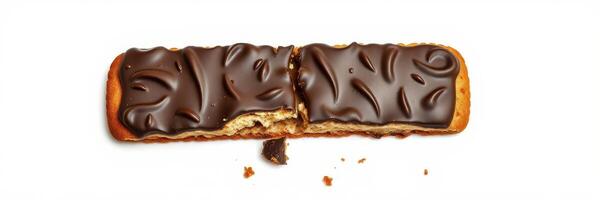 Delicious chocolate-covered biscuit split in half revealing creamy filling and crispy texture photo