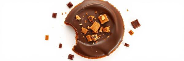 Delicious chocolate dessert with a bite taken out, featuring crunchy toppings on a white background photo