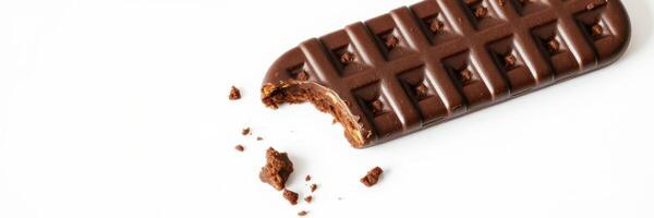 Chocolate bar with a bite taken out, showcasing rich texture and tempting appearance on a clean background photo