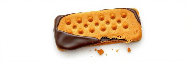 Delicious biscuit coated in chocolate highlights a perfect snack moment in a bright setting photo