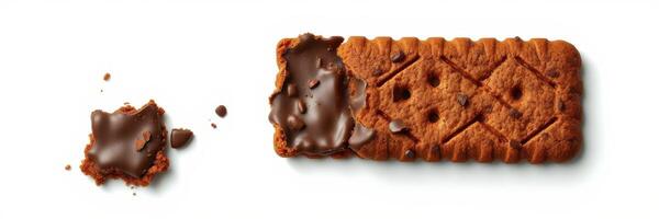 Chocolate biscuit with a bite taken out and a broken piece beside it, presented on a clean white background photo