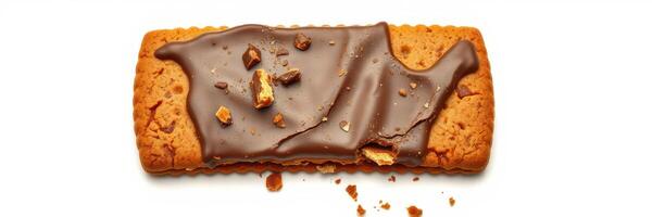 Delicious cookie covered in chocolate with crumbs scattered on white background photo