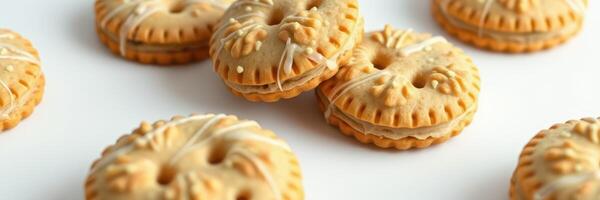 Delicious cookies stacked on a white surface with creamy filling and decorative design photo