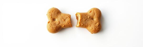 Dog treats shaped like bones, freshly broken in half on a clean white surface, perfect for canine enjoyment and sharing photo
