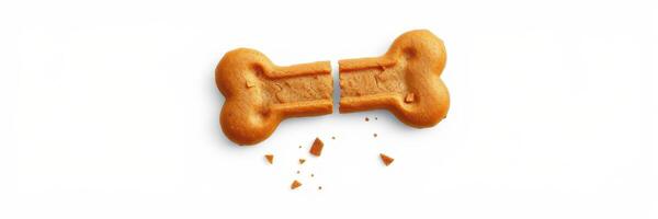 Dog treat shaped like a bone, broken into two pieces on a white background photo