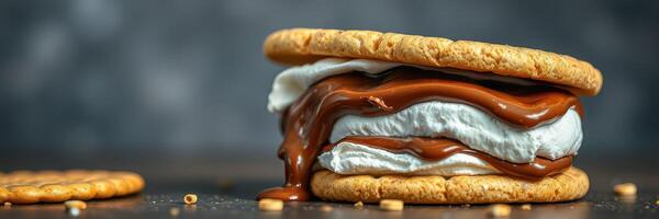 Delicious dessert featuring layers of creamy filling and crunchy cookies served on a wooden table photo