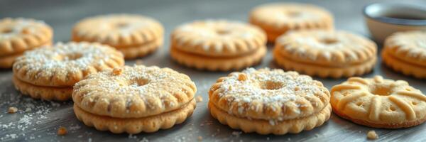 Freshly baked coconut cookies arranged on a wooden surface with a sprinkle of grated coconut on top photo